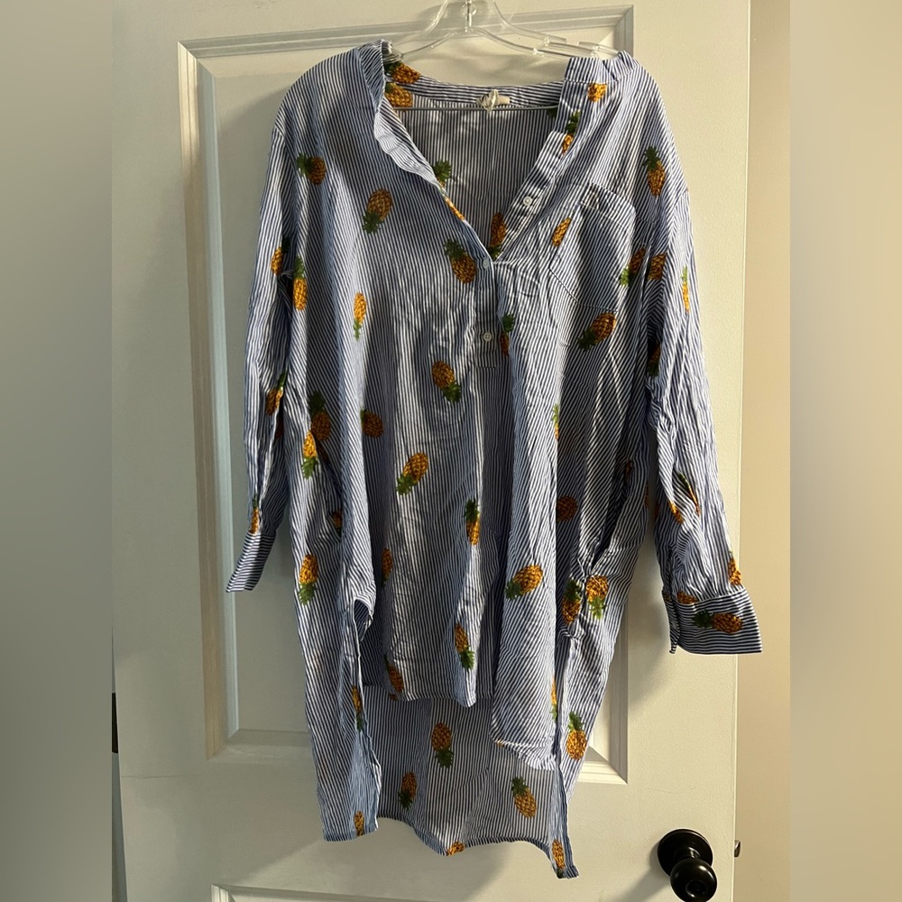 Blue Striped Swim Coverup with Pineapple Print